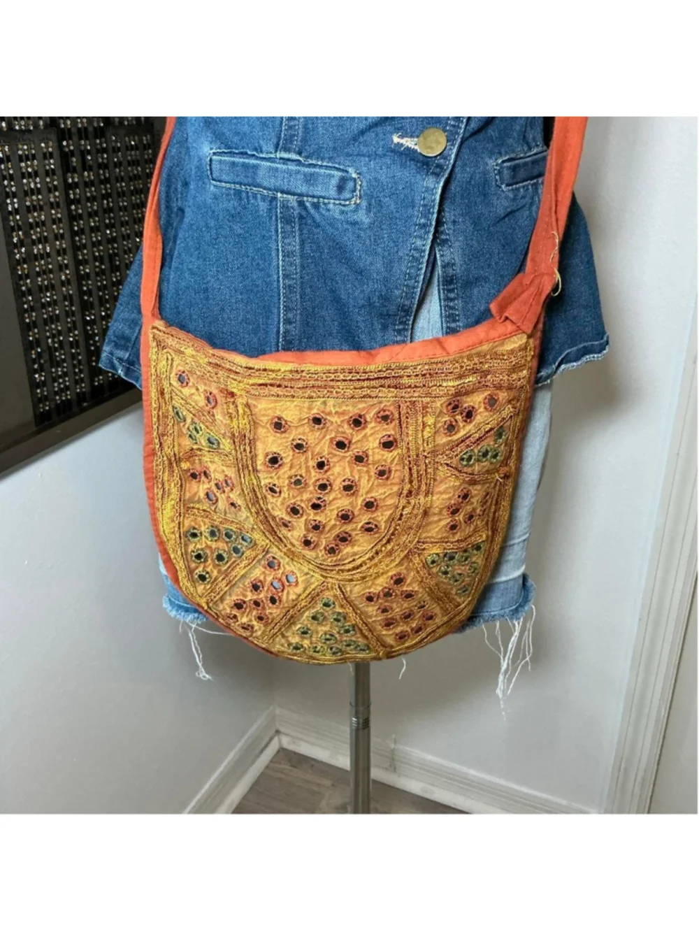 Vintage Boho Embroidered Mirror Crossbody Bag Rust Orange Festival Purse
